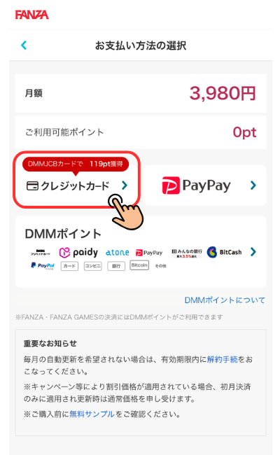 お支払い方法の選択画面